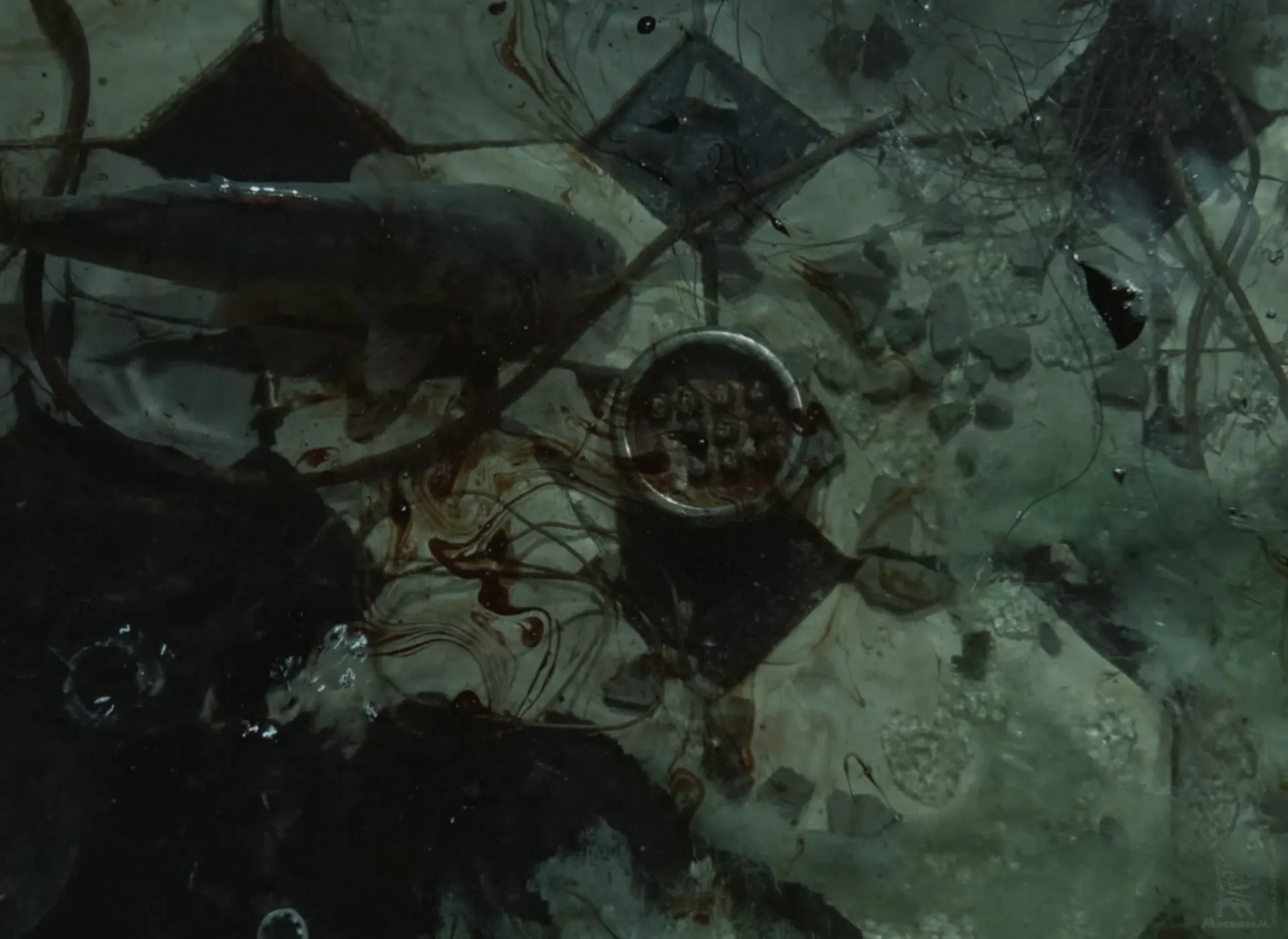 The bomb’s dial of numbered buttons on the flooded floor, a fish swimming over it as oil swirls in the water.