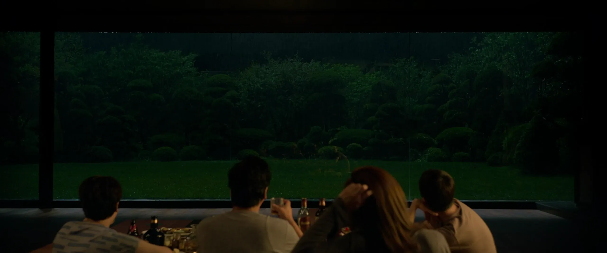 The Kims drinking in the Parks’ living room, rain falling softly on the garden beyond the glass
