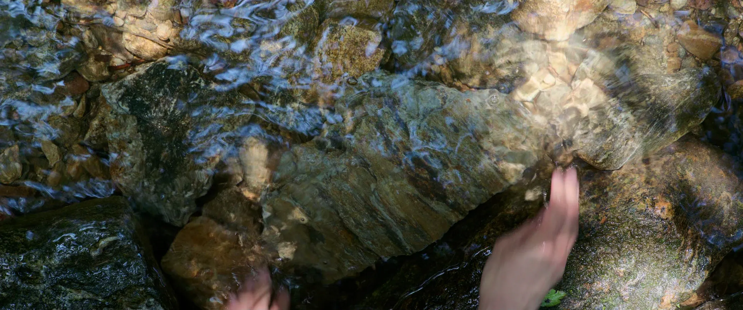 Ki-woo setting the rock down in a stream