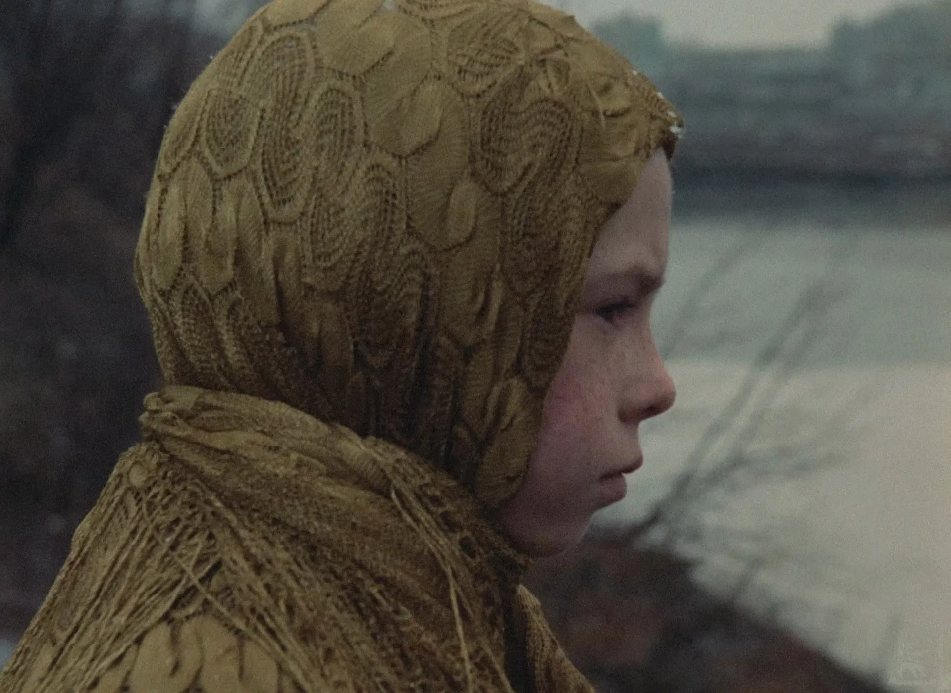 Monkey in her golden shawl, in profile against the lake as her father carries her home, the town in color for the first time.